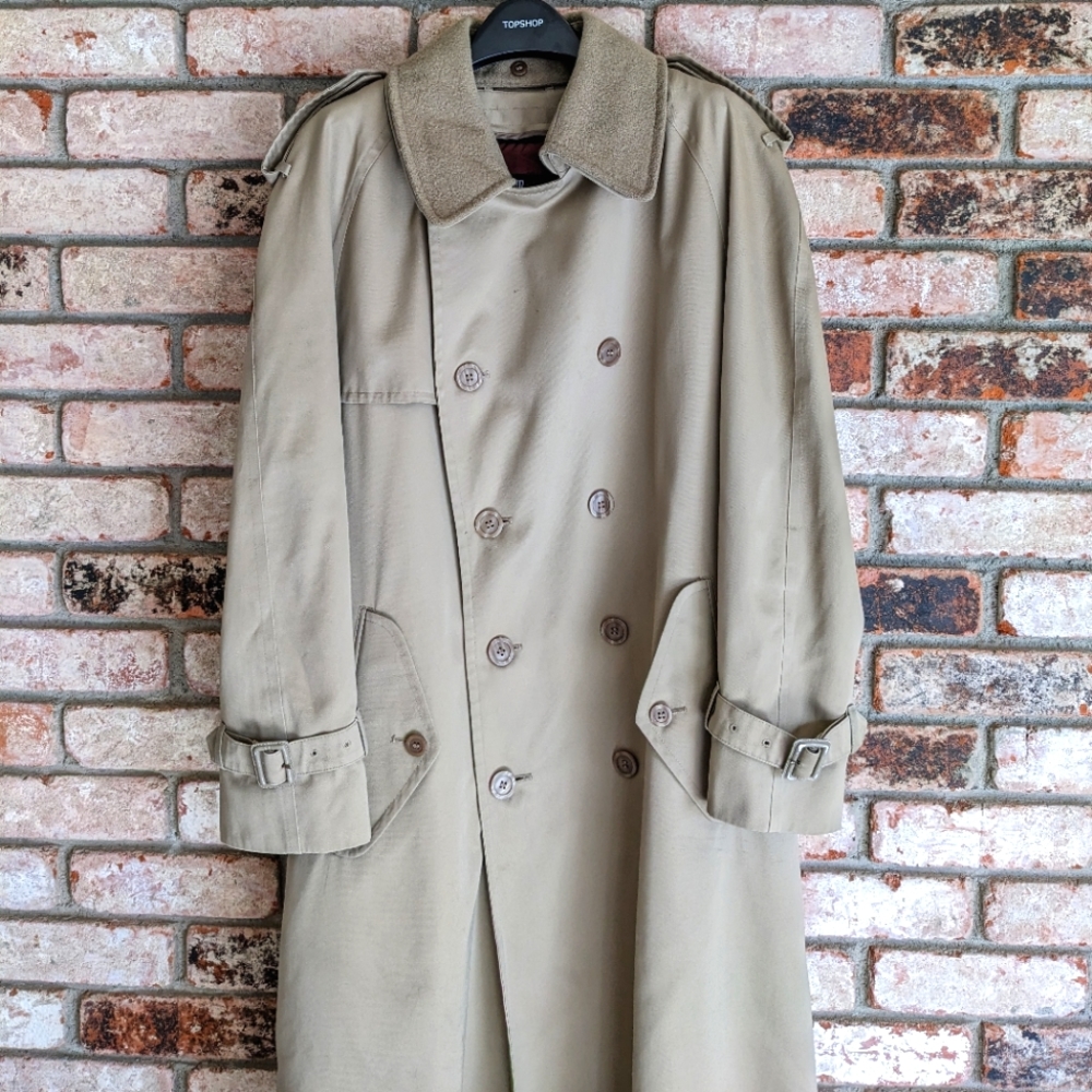 ☔ Towne by London Fog Khaki Heavy Winter Trench Coat Size 40 SHT Short Beige Tan